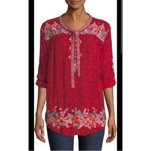 Johnny Was Gina Embroidered Tie V-Neck Roll Tab Sleeve Blouse Size XS Red Aztec